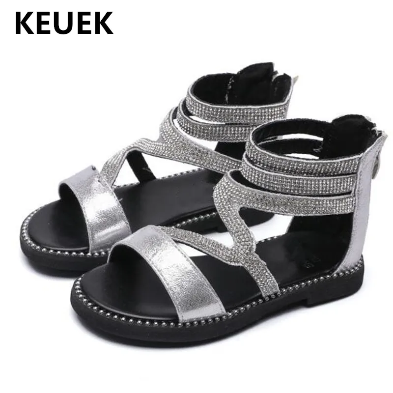 

New Children Sandals Summer Fashion Rhinestone High Top Girls Gladiator Shoes Kids Princess Square heel Student Baby Shoes 018