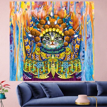 

Singing Beijing Opera kitten kitten cartoon wall hanging Oil painting texture Tapestries kids room Wall carpet Hanging GN.PAPAYA