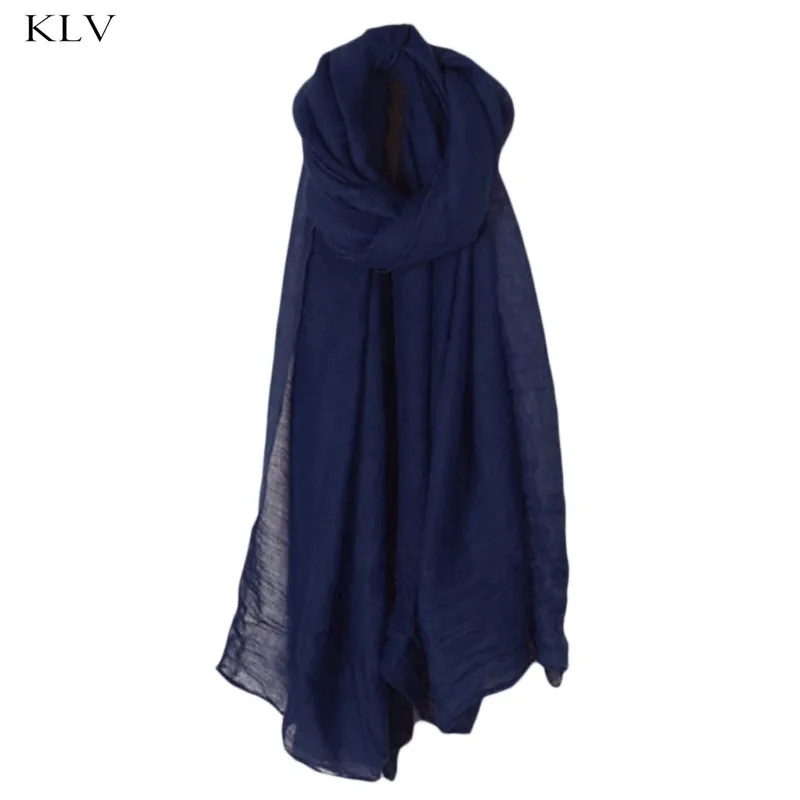 Новинка, Модный женский длинный шарф, 16 цветов, винтажные шарфы из хлопка и льна, большая шаль, хиджаб, элегантный однотонный, черный, красный, Whi - Цвет: Тёмно-синий