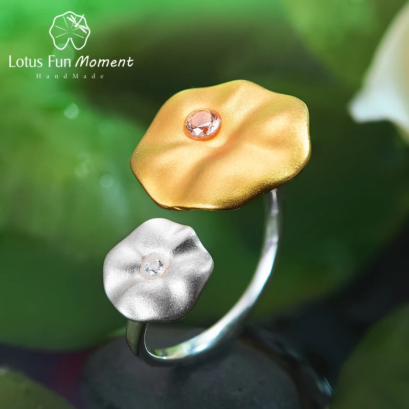 

Lotus Fun Moment Real 925 Sterling Silver Vintage Ring Natural Stone Fashion Jewelry Morning Dew on Lotus Leaves Rings for Women