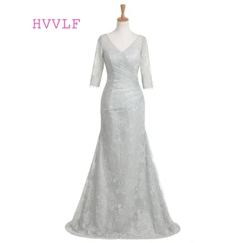 

Silver Evening Dresses Mermaid V-neck Sweep Train Half Sleeves Backless Lace Long Evening Gown Prom Dress Prom Gown