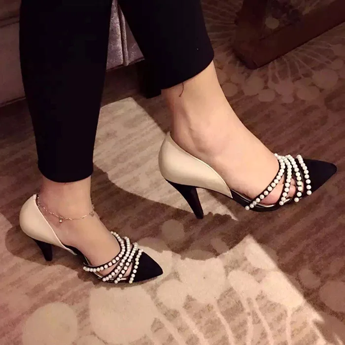 

2019 Summer Fashion High Heel Shoe Sexy Pointed Toe White Pearls Beade Thin Heels Pumps Cuouts Sequins Beaded Dress Heels