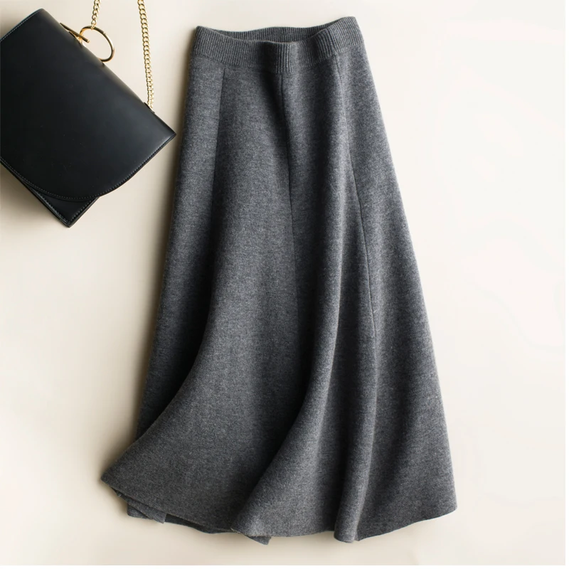 

Winter Loose Long Cashmere Skirt Women Thick Fashion Mid-Calf A-Line Ladies Vintage Wool Knitted Skirts Gray Black High Quality