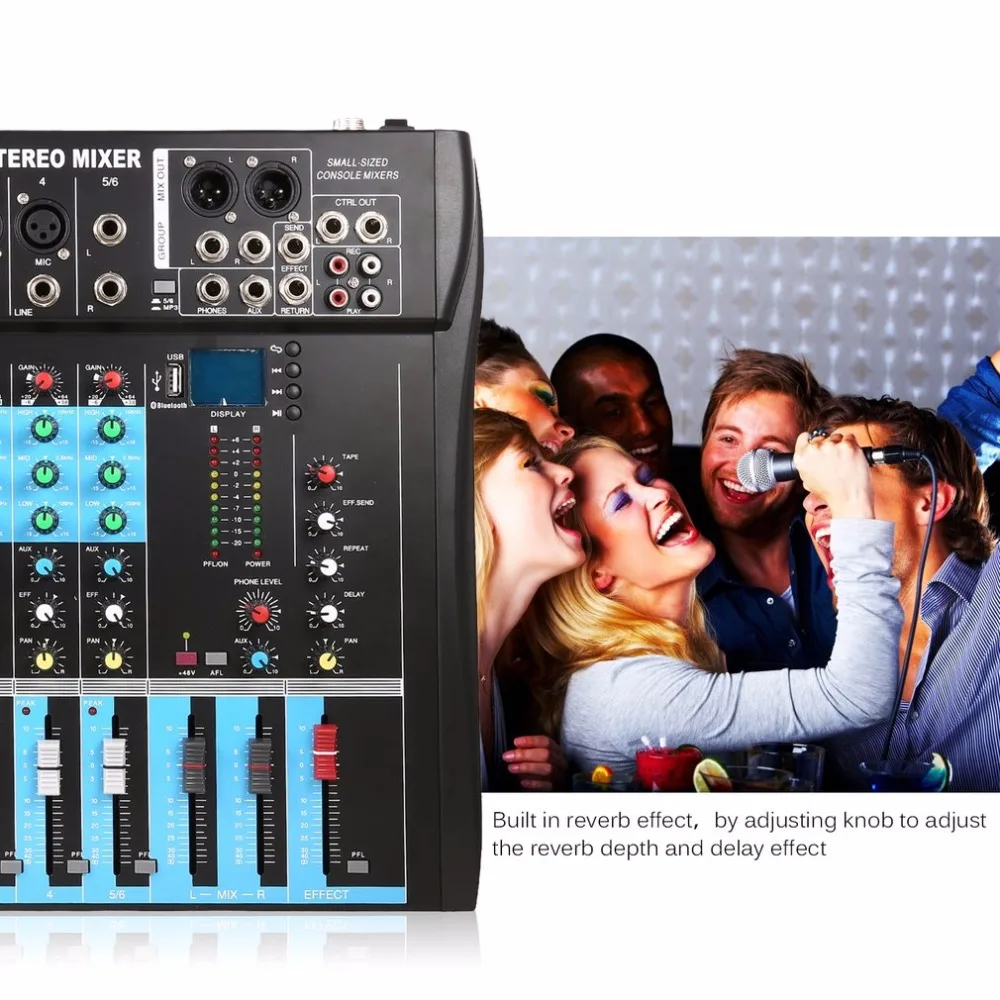 CT6 6 Channel Professional Stereo Mixer Live Audio Sound Console Vocal Effect Processor with 4-CH Mono& 2-CH Stereo Input HOT