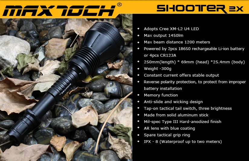 MAXTOCH 2X 1450lm, 1200 м+ расстояние луча, 310 г, Dedomed XM-L2 U4 светодиодный, предельная версия метательных фонарей