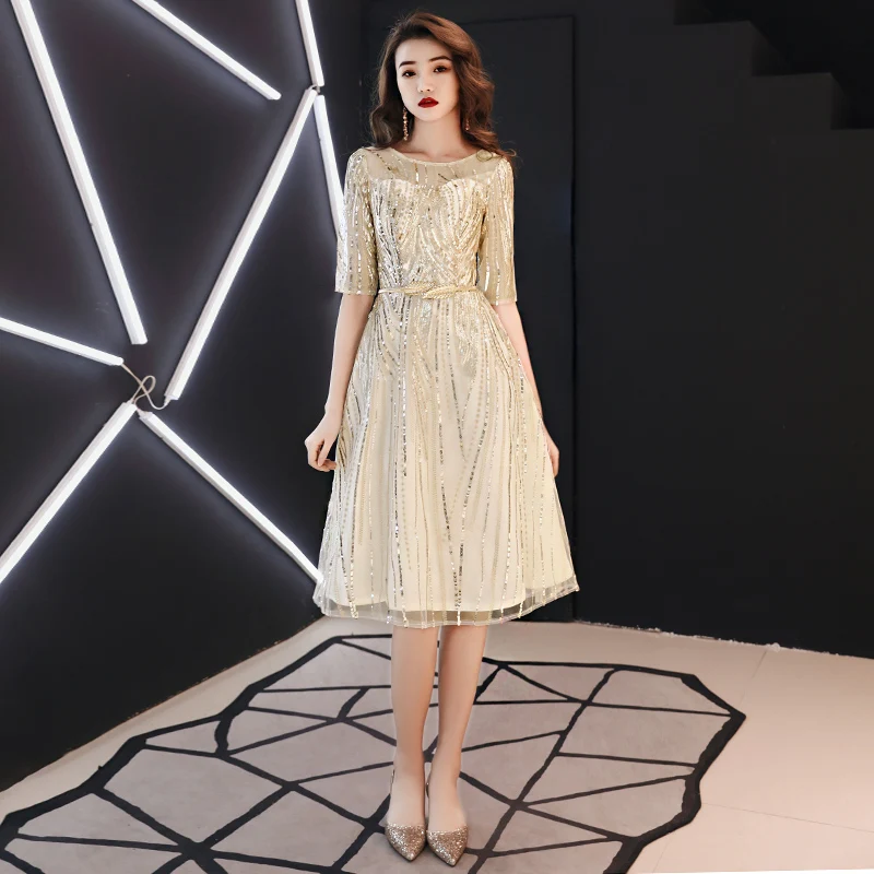 

2019 Hot Sales Short Sleeve Champagne Fashion Designer Lace Elegant Cocktail Gowns Cocktail Dress LF157