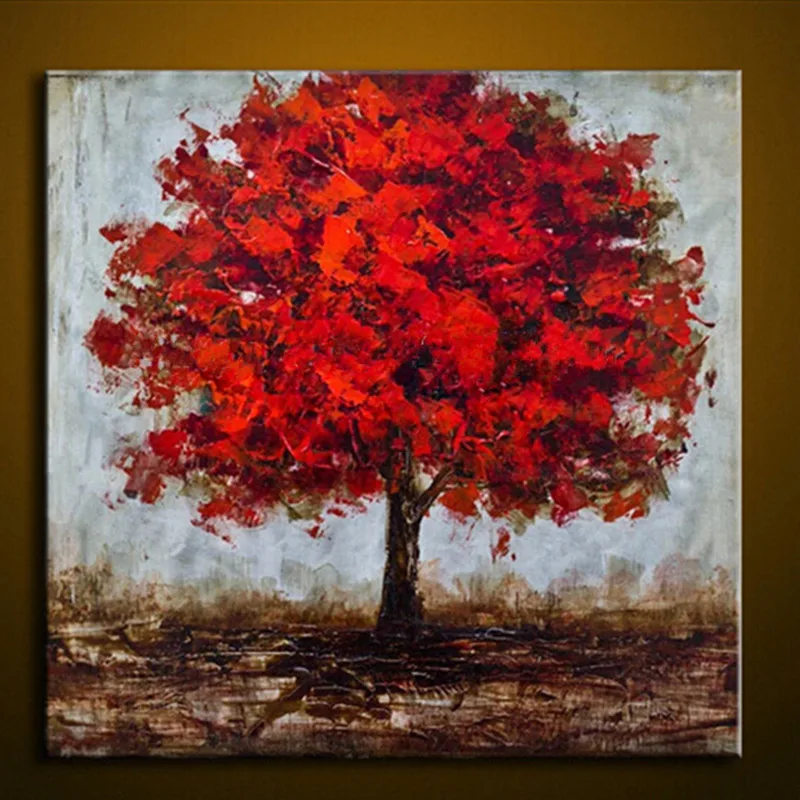

Handpainted Abstract Landscape Oil Paintings on Canvas Modern Home Decor Wall Art Knife Red Tree Pictures Large Wall Painting