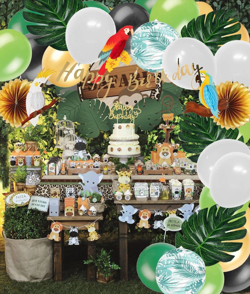 Джунгли вечерние украшения набор с шарики ко дню рождения Happy плакат "с днем рождения" торт Топпер Бумага Фонари попугай на день рождения поставки