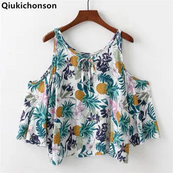 Qiukichonson Cold Shoulder Tops Ladies 2018 Summer Bohemian Style Pineapple Print Floral Blouse Kawaii Baby Doll Cropped Shirts cold shoulder striped flounce blouse