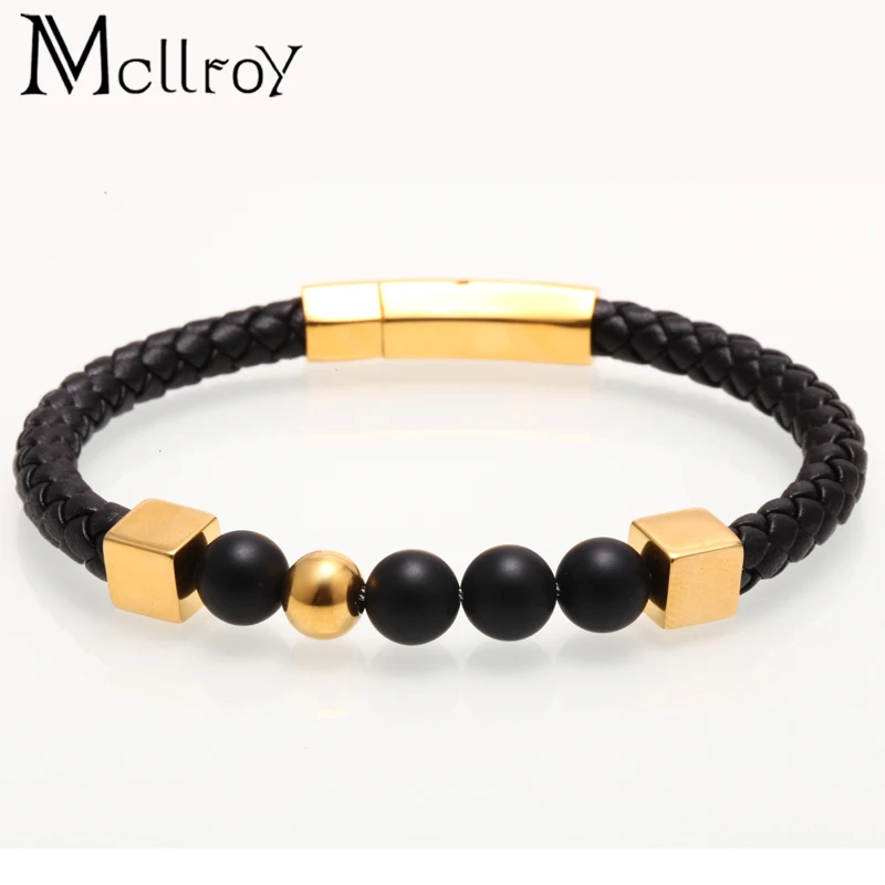 Billige Mcllroy armband männer echtes leder edelstahl stein perlen männer armband gold luxus schmuck mode pulseira masculina