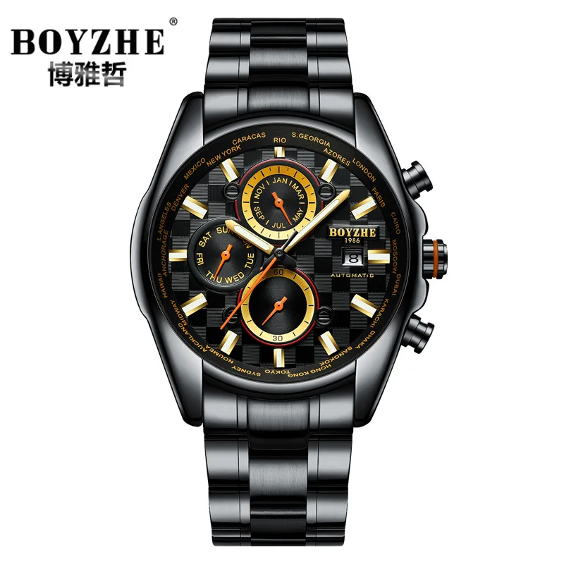 

business man watch stainless steel luxury BOYZHE brand mens wristwatch Automatic mechanical waterproof Multifunction male clocks