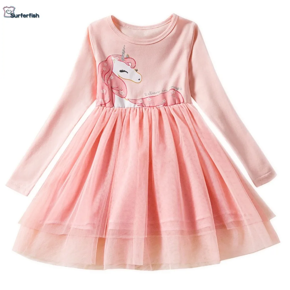 ; Новинка года; Хлопковое платье с длинными рукавами и рисунком единорога; платье для девочек; праздничная одежда принцессы из тюля с рисунком лошади и единорога