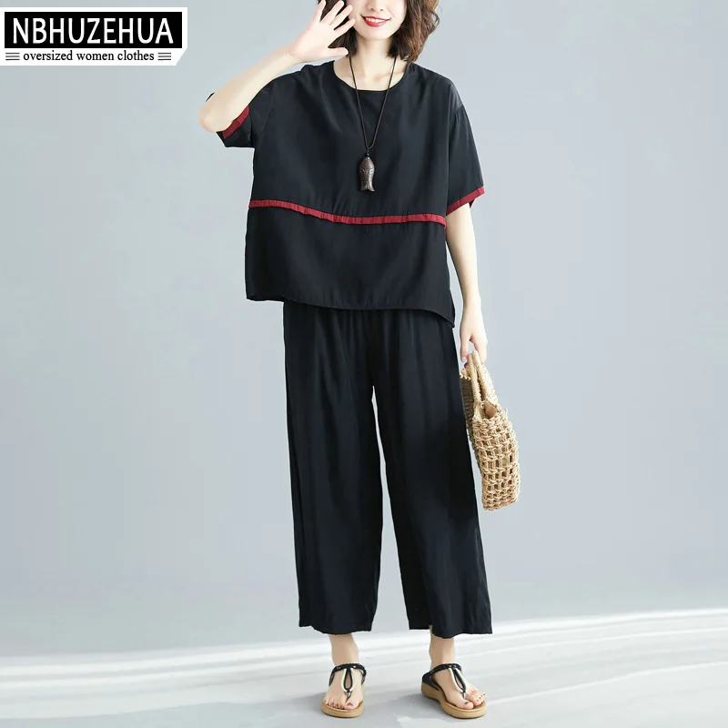 

NBHUZEHUA Summer Two Piece Set Women Short Sleeve Loose Top and Black Pants Plus Size Women Clothes 2019 4XL 5XL 19-D240