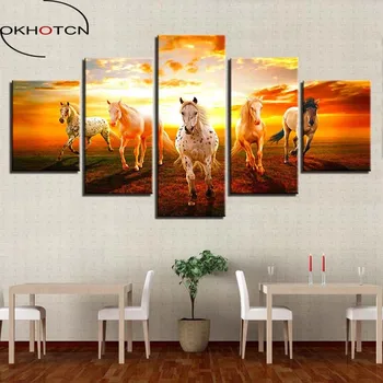 

OKHOTCN Canvas Wall Art Poster HD Printed Pictures Framework 5 Pieces Sunset Prairie Horses Paintings Home Decor For Living Room