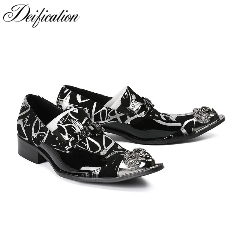 

Deification Iron Metal Pointed Toe Mens Dress Shoes zapatos hombre Luxury Wedding Shoes Printed Men Flats Office Formal Shoes
