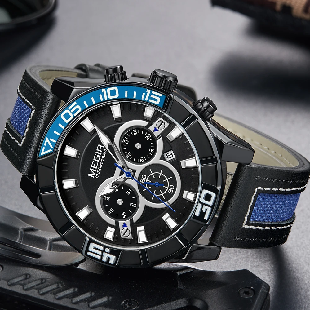 

Megir New Blue Quartz Watch Men Watches Top Brand Luxury Leather Chronograph Sport Wrist Watch For Men Hodinky Relogio Masculino
