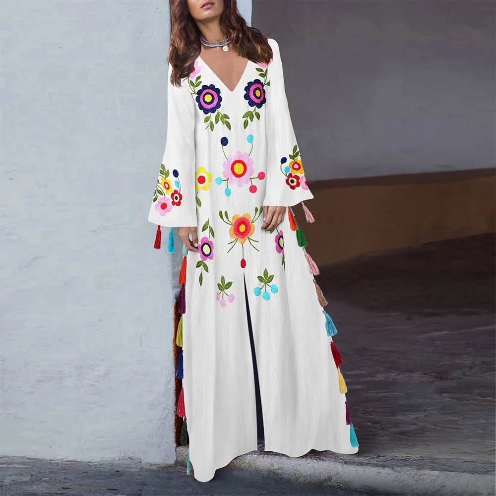 

White Fashion Woman Dress 2019 Spring Summer Tassel Printed Boho Maxi Dresses Long Sleeve V Neck Vestido
