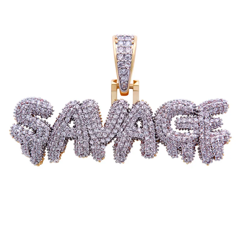 

Hip Hop AAA Cubic Zirconia SAYAGE Pendant Necklace Men's Micro Pave Iced Out Letter Necklaces Gold Color Chain Jewelry Party