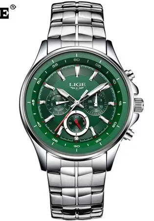 LIGE модные деловые кварцевые часы, мужские водонепроницаемые спортивные часы из нержавеющей стали, мужские многофункциональные военные часы, мужские часы - Цвет: Steel green