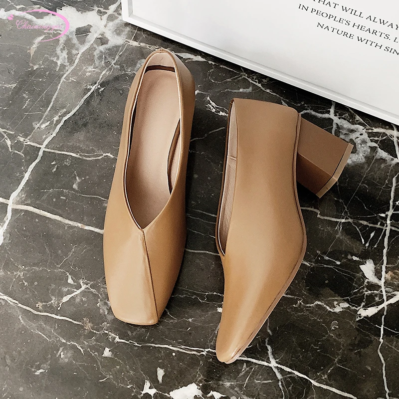 

Chinese office work style comfortable natural leather pump fashion slip-on beige apricot thick high-heel women's shoes
