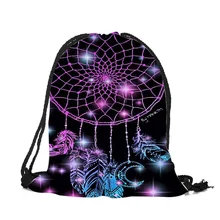 Женский рюкзак с объемным принтом Ловец снов и разноцветными перьями на шнурке, школьная сумка на шнурке для мальчиков и девочек, мягкие сумки из полиэстера