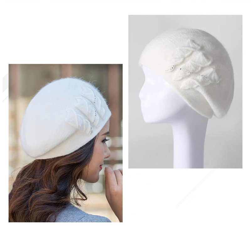 Angora Beanie Women Winter Hat Warm Knit Cap Beret Headwear Double Layer Casual Soft Classic Thermal Snow Outdoor Accessory (16)