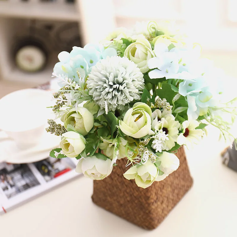 tea roses Silk Peony Artificial Flowers Bouquet Gerbera Daisy Cheap flores Fake Flowers for Home room party Wedding Decoration