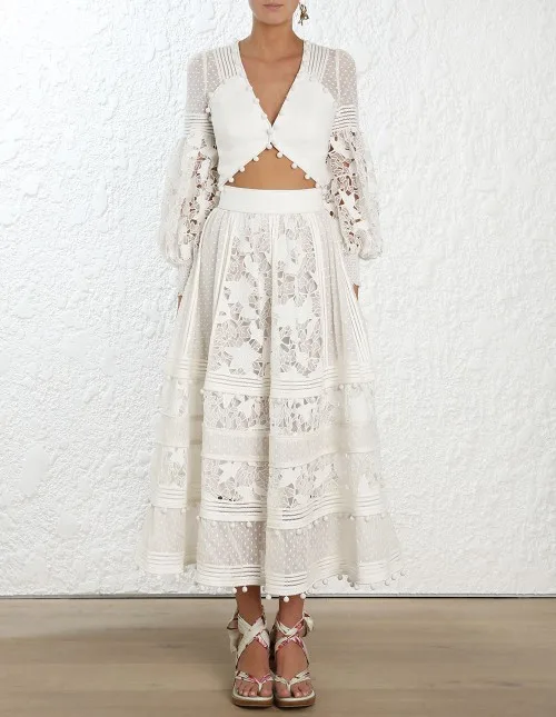 [LIVIVIO] V Neck Long Lantern Sleeve White Hollow Out Floral Embroidery Crop Tops High Waist Midi Dress Women Summer New