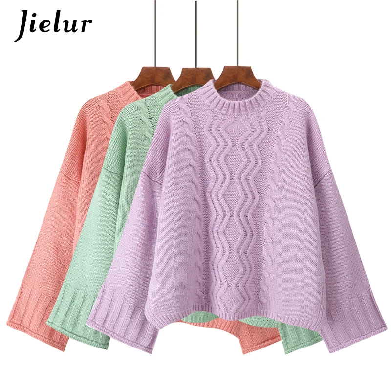 Jielur Harajuku Kawaii Sweters для женщин Invierno 2019 Лаванда Свежий сплошной цвет вязаный свитер