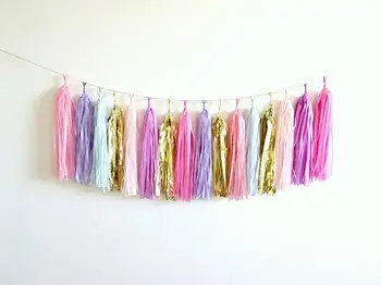 

7ft of twine with 16 tassels Unicorn Rainbow Tissue Tassel Garland Kit, Pink gold paper bags, paper confetti