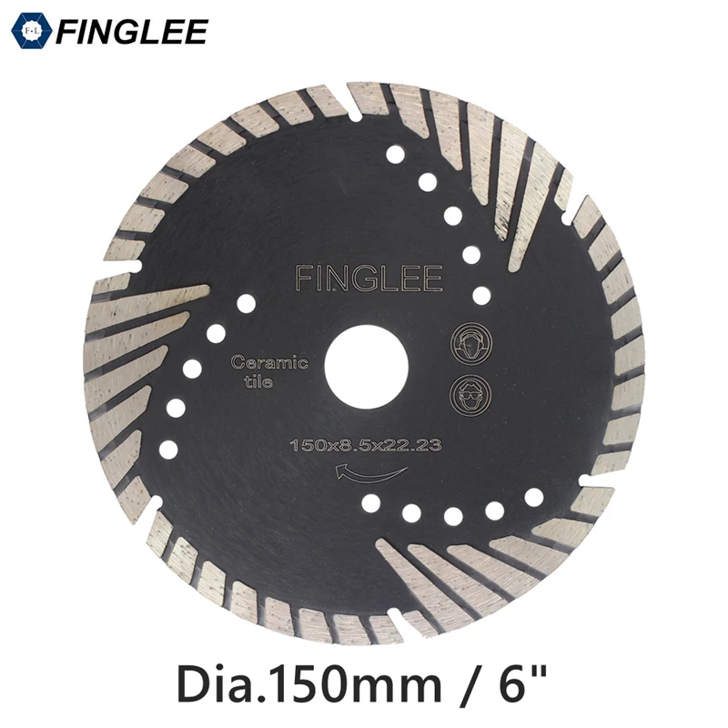 

1Pc FINGLEE 150mm/6inch Diamond Cutting Saw Blade,Turbo Teeth Slant Protection Cutting Disc for Concrete, Marble Granite Stone
