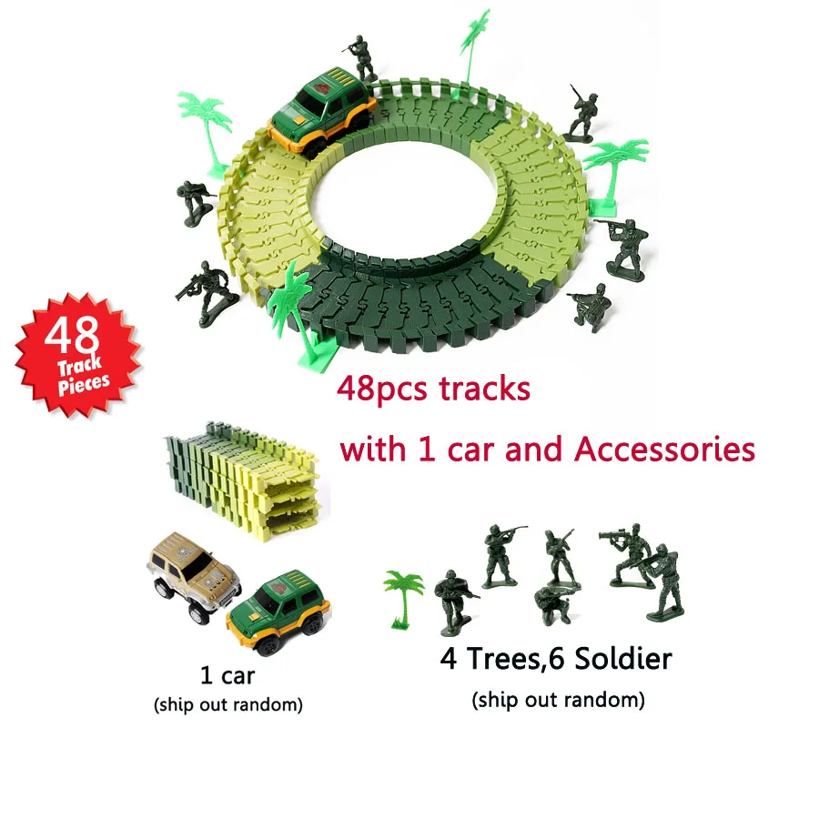 Создание дорожного динозавра и солдат Гоночная машина трек поезд игрушки, гибкие треки игровой набор с гоночными автомобилями и аксессуарами для детей - Цвет: 48pcs tracks set