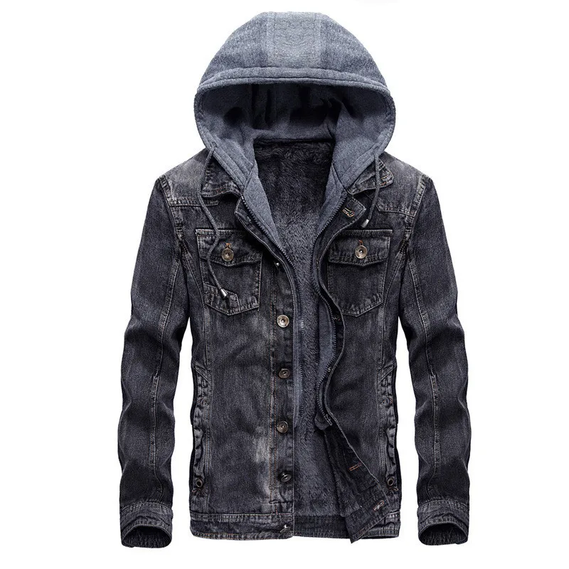 Fashion Mens Warm Denim Jackets Hooded Fleece Lined Jeans Jacket ...