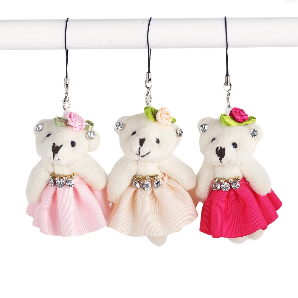 Fashion Children Plush Doll Cute Teddy Bear Keychain Key rings Car Bag Accessories Charm Rhinestone Rose Flower Pendant Keyrings | Украшения