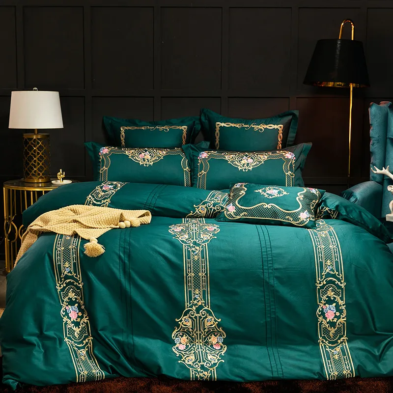 Green Ornate European Style Exquisite Embroidery 100 Cotton Satin