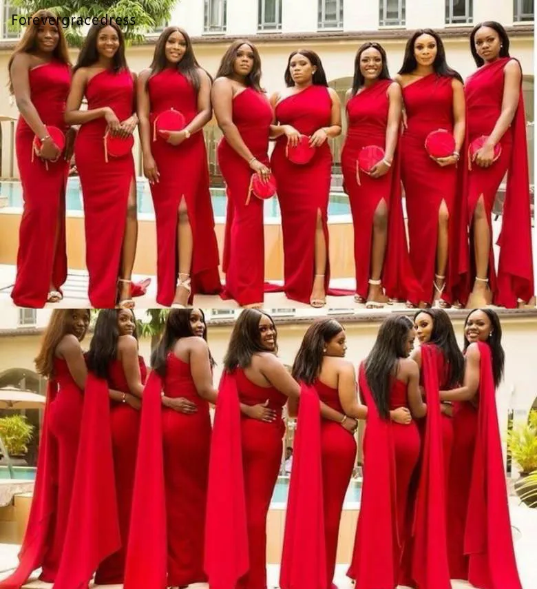 Red Mermaid Bridesmaid Dresses 2019 One Shoulder Sexy Side Split Wedding Guest Gowns Back Zipper Custom Made African Maid Of Honor Dress  106 (5)