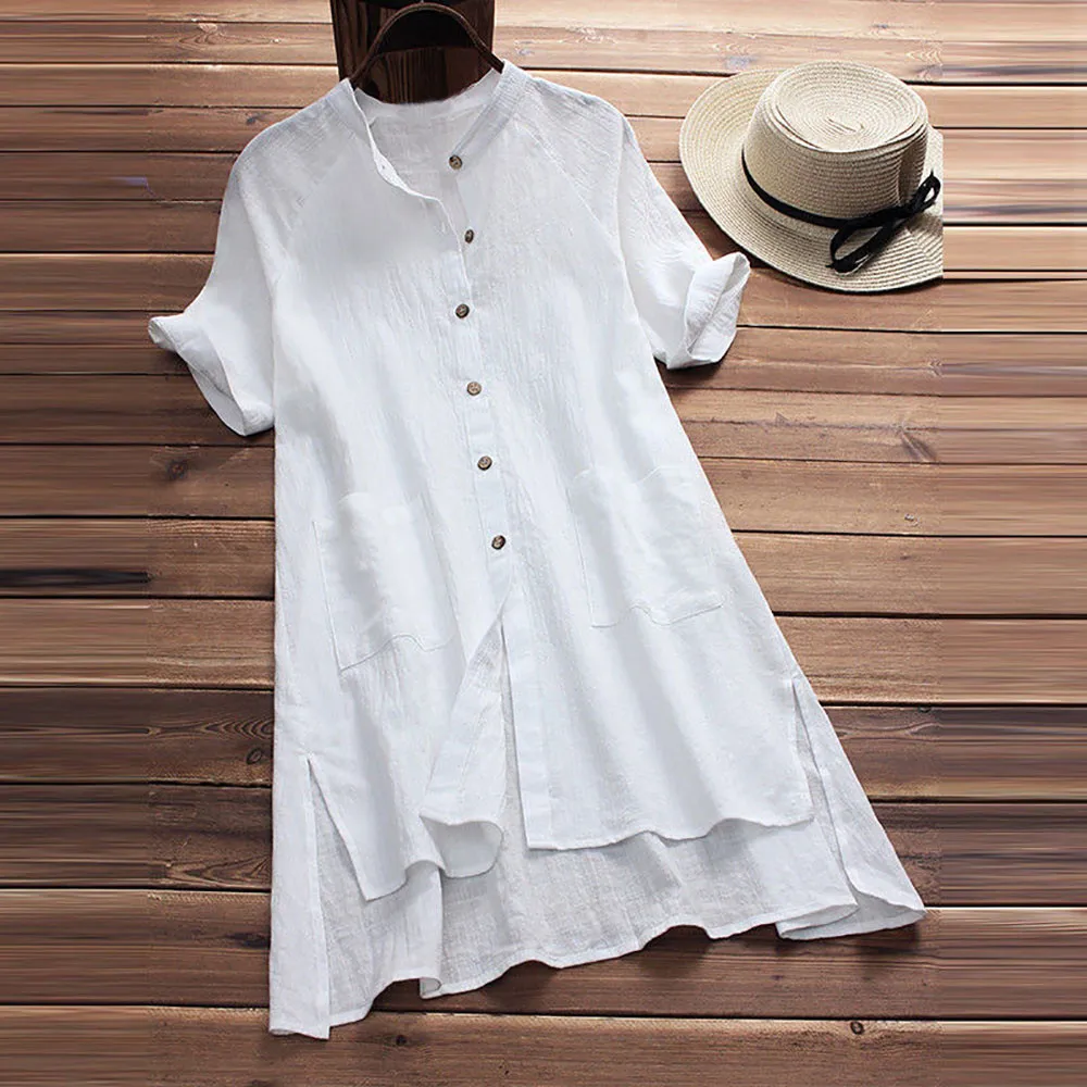 

Summer Tops For Womens Tops and Blouses 2018 Streetwear Solid Button Short Sleeve Long Shirts Tunic Ladies Top Clothes