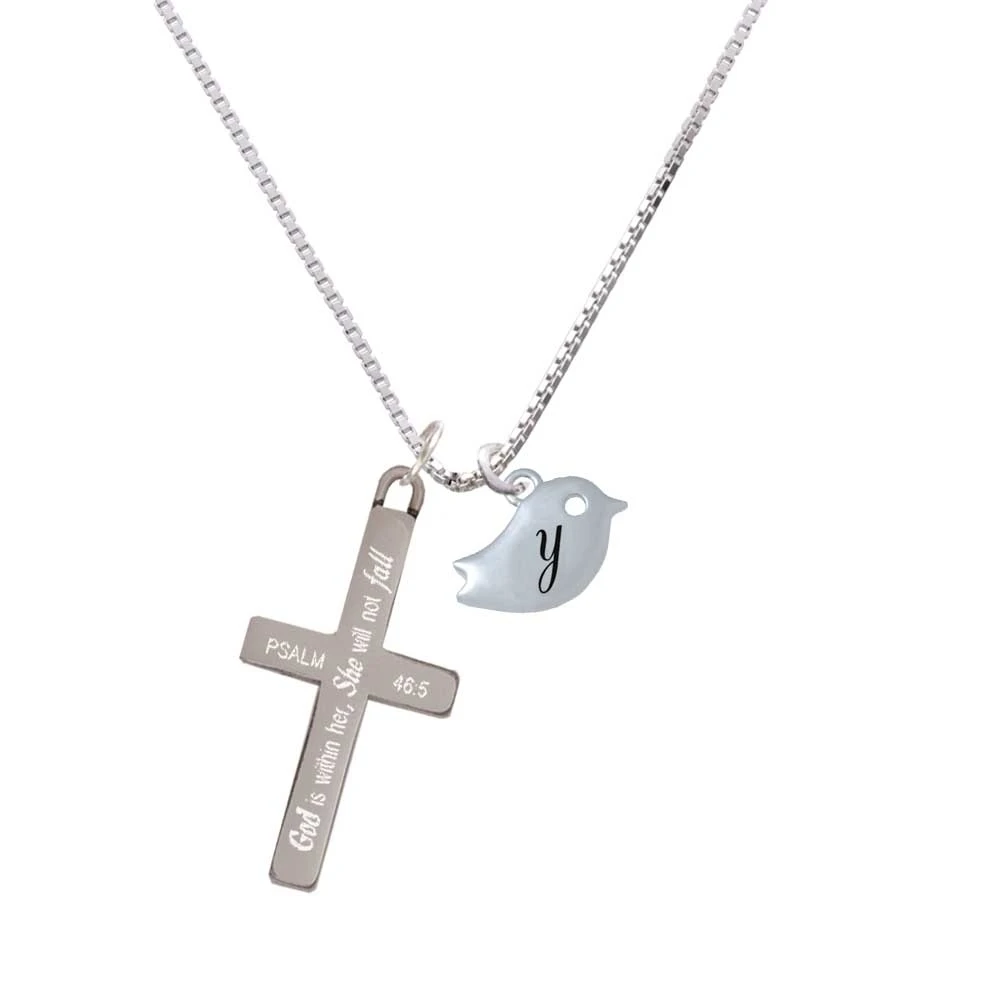 Little Bird Initial - Y - - She will not Fall - Cross Necklace