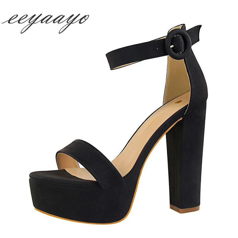 

2019 New Summer Women Sandals High Square Heel Buckle Solid Casual Sexy Ladies Women Platform Shoes Black High Heels Sandals