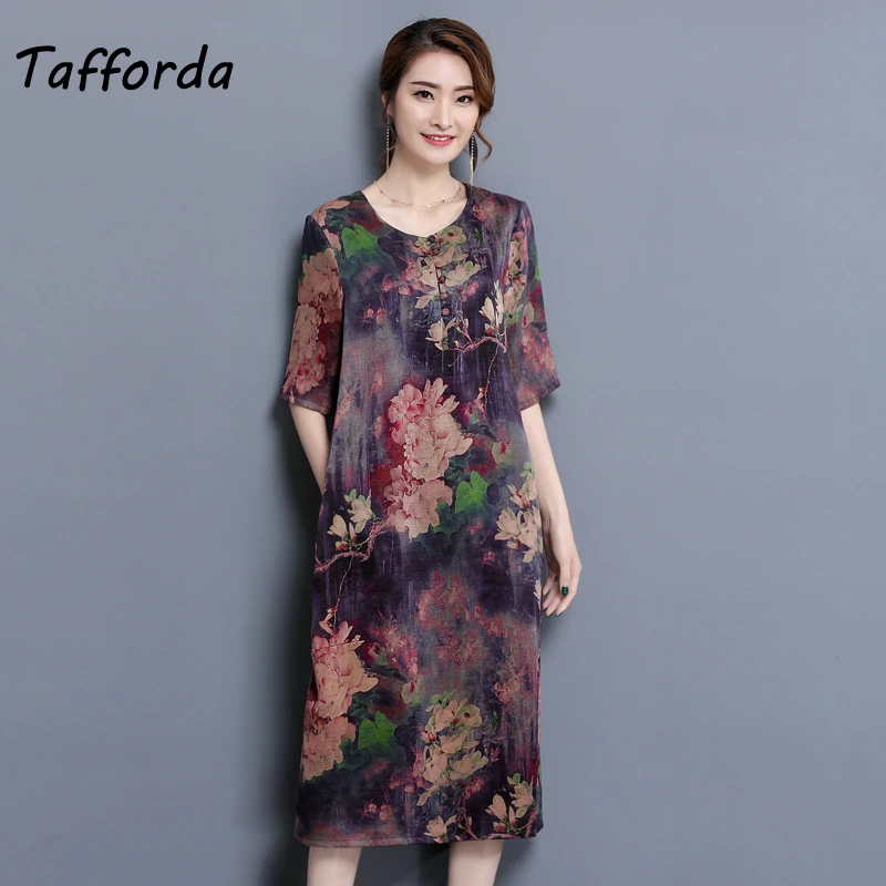 

Tafforda New Casual Women Silk Dress Spring Summer Elegant Floral Printing Dress Plus Size Loose Fashion Retro Women's Dress 4XL