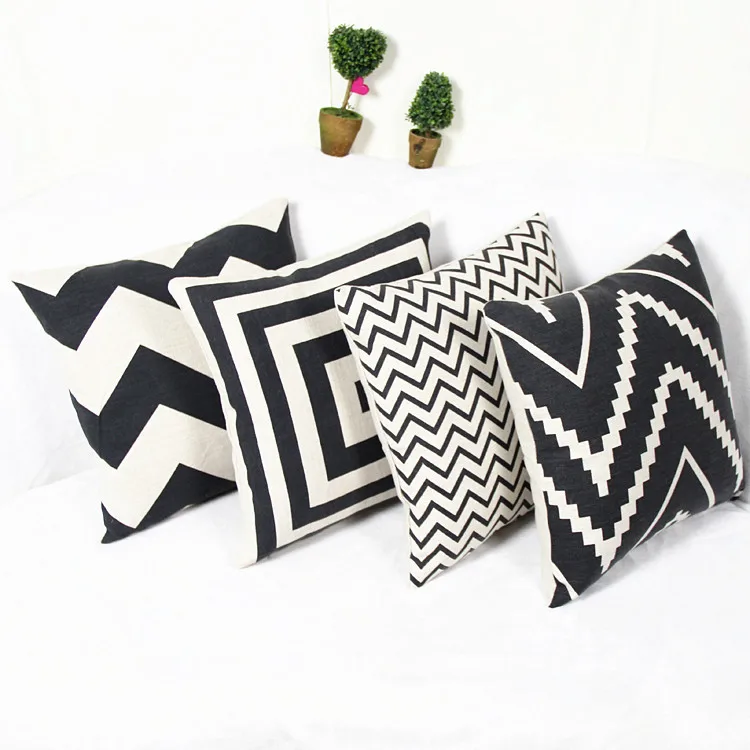 

European style custom cotton linen blended decorative throw pillow Nordic provisions black and white geometric pattern printed