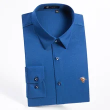 Мужские однотонные платья из бамбукового волокна, рубашка с вышитым логотипом, эластичные Повседневные Классические рубашки с длинными рукавами