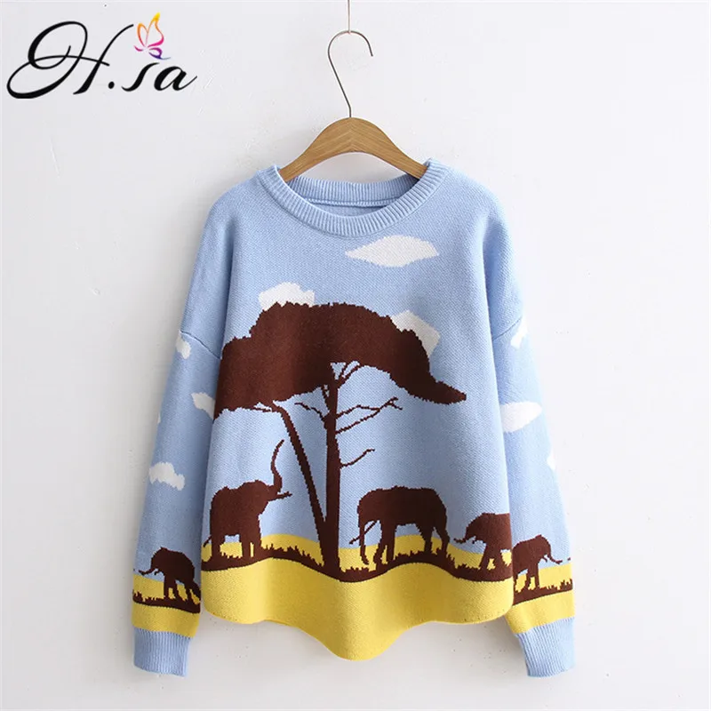 

HSA Autumn Women Sweater Basic Knitted Tops Cartoon Forest ONeck Sweaters Loose Pullover Clothing Streetwear Korean Sweater Pull