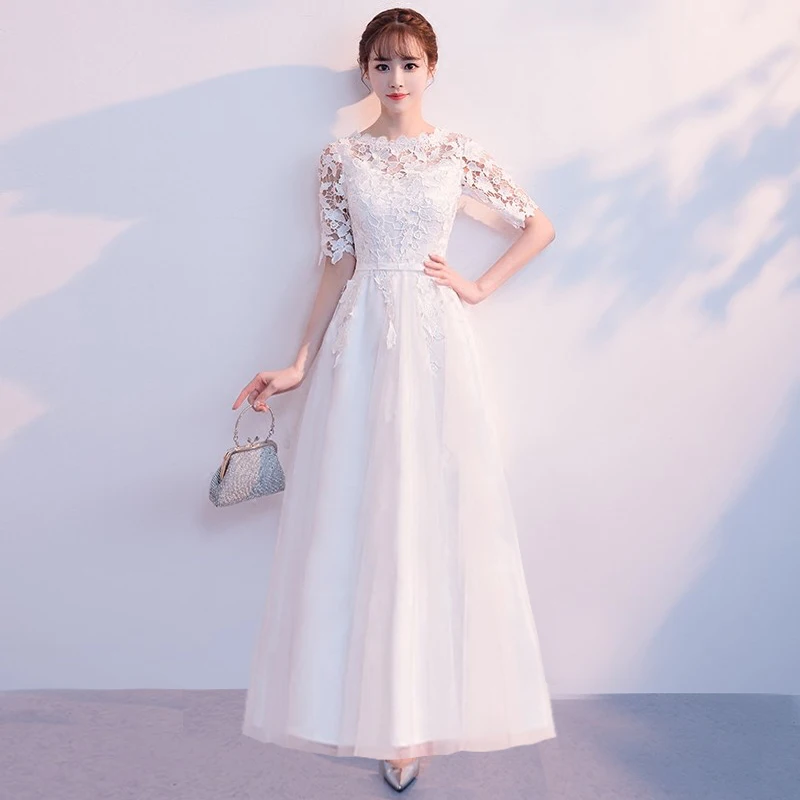 

Whiter Full Length Lace O-Neck Ladies Gowns Elegant Evening Formal Dress Bride Wedding Marriage Dresses Cheongsam Noble Qipao