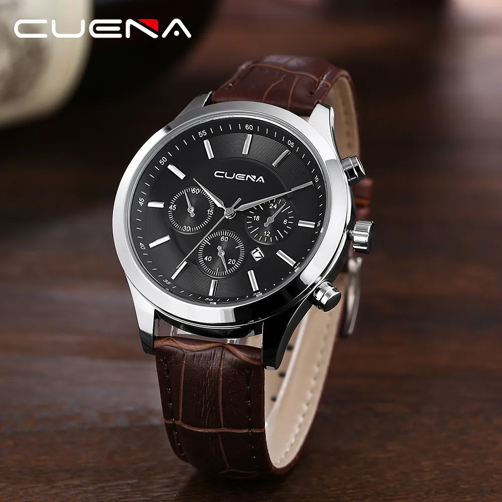 

CUENA Fashion Casual Men's Watch Leather Military Alloy Analog Quartz Wrist Mens Clock Business Date Watches horloges mannen