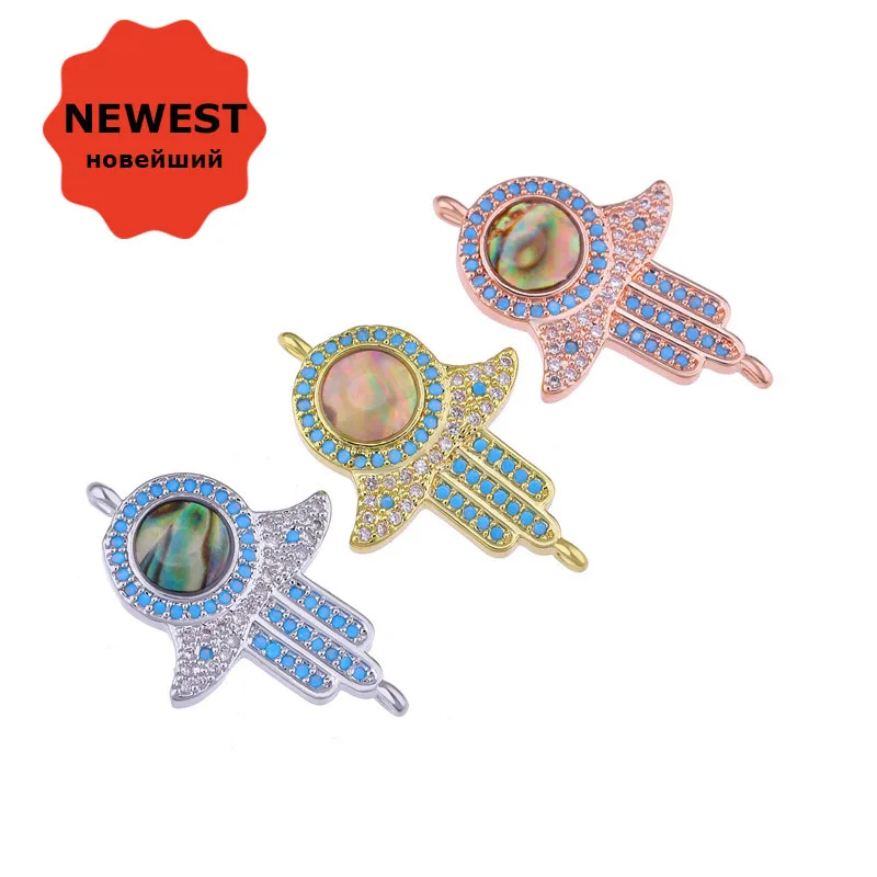 

2019 Popular Style High Quality Copper Metal Zircon Rhinestone Fatima Hand Evil Eye Charm Connectors For DIY Bracelets Necklaces
