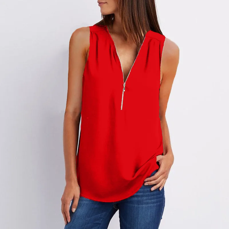 Plus Size S-5XL Chiffon Blouse Women Shirt Summer Sexy Sleeveless V Neck Zipper Blusas Casual Loose Tees Tank Tops Ladies Shirt womens shirts Blouses & Shirts