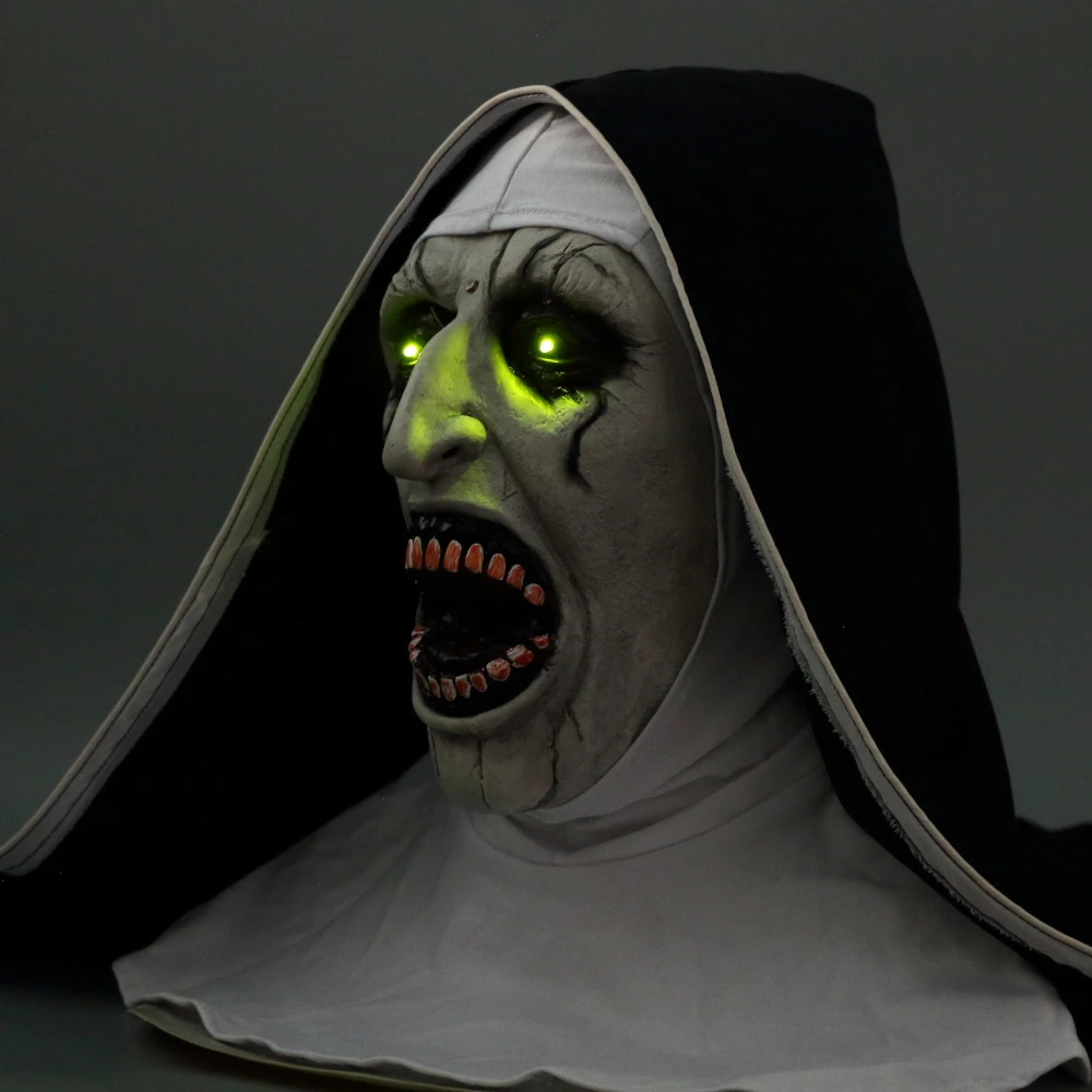 Монахини маска страшная маска с страшный голос с Led светильник Косплэй Valak латексные маски с платок на голову Шлем Хэллоуин вечерние реквизит