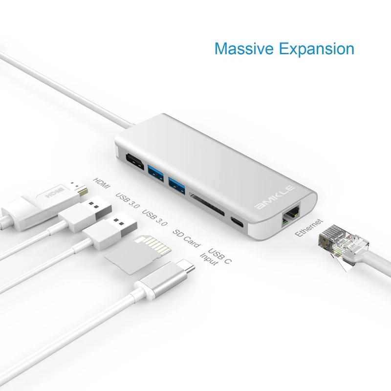 

OLOEY 6 in 1 USB 3.0 HUB USB 3.1 Type C to HDMI/USB 3.0/RJ45/SD/TF/Type C Adapter Convertor For Macbook Pro Google Chromebook