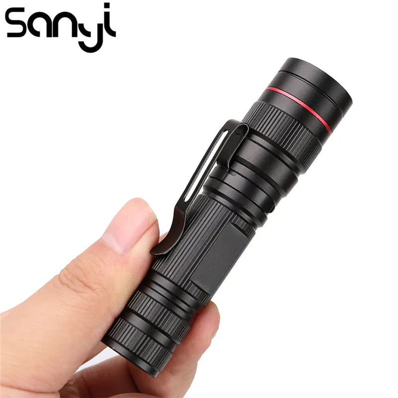 

SANYI Mini Zoomable LED Flashlight Waterproof Pocket Penlight Torch Lamp Aluminum Black Handy Lanterna 3 Lighting Modes by Clip